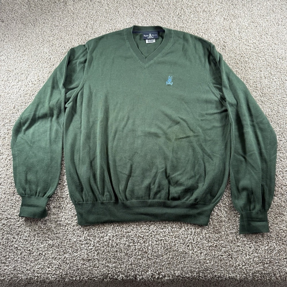Psycho‎ Bunny Sweater Mens Large Green Pullover Pima Cotton V-Neck Robert Godley